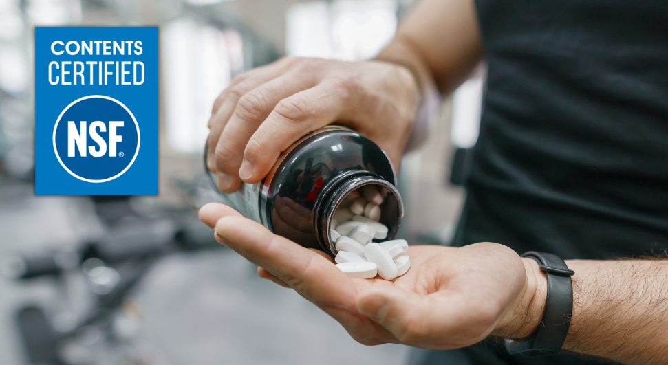 NSF Contents Certified logo with a man pouring out tablets from a bottle